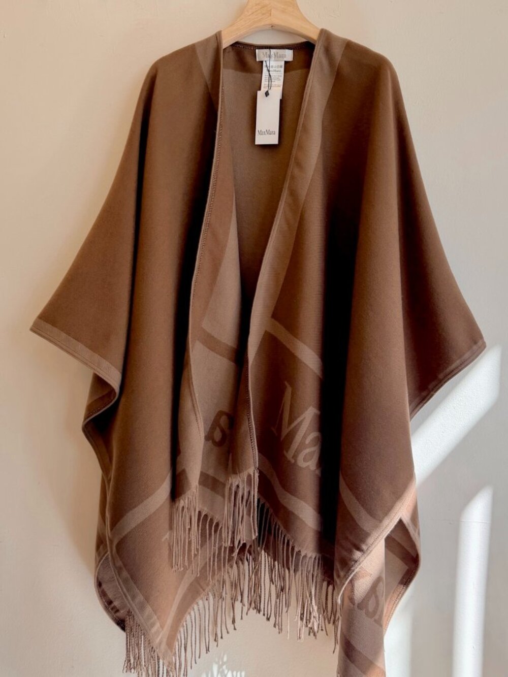 Max Mara Solid Brown Logo Fringed Reversible Wool Blend Cape Poncho